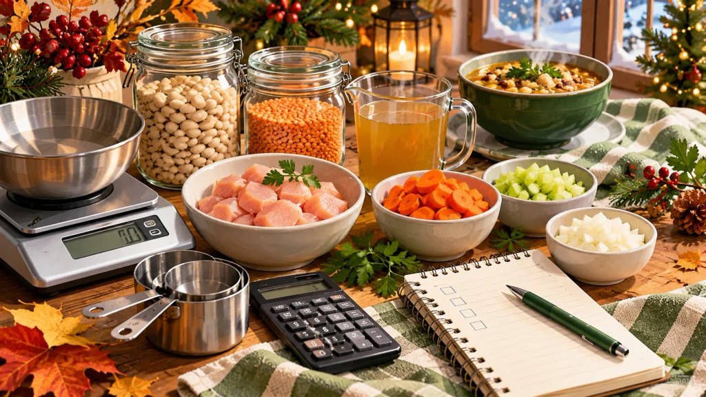 Soup recipe testing setup with measured ingredients, a kitchen scale, measuring cups, and a nutrition notebook.