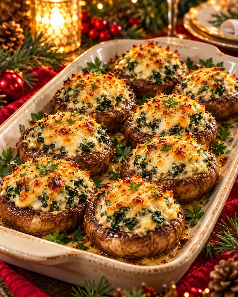 Spinach-stuffed cremini mushrooms with ricotta and parmesan cheese baked until golden.