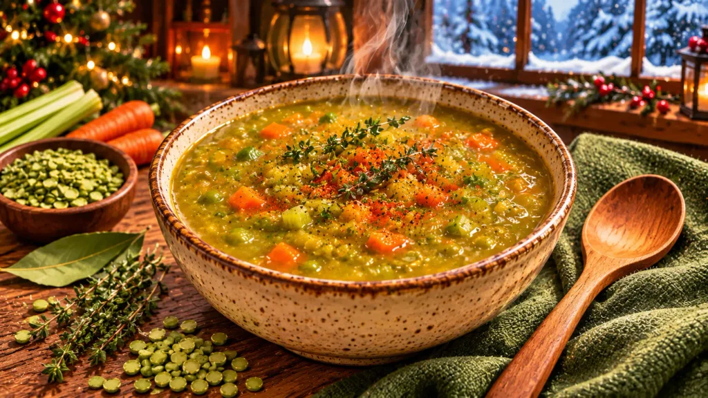 Thick green split pea soup with carrots, celery, and smoked paprika.