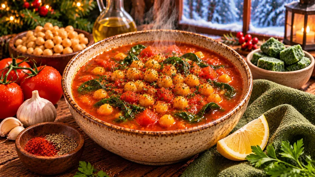Tomato and chickpea soup with spinach, cumin, and chickpeas in tomato broth.