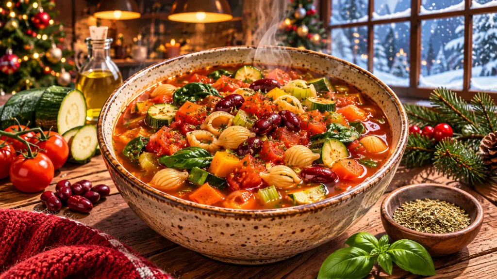 Vegetable minestrone soup with beans, zucchini, tomatoes, spinach, and whole-wheat pasta.