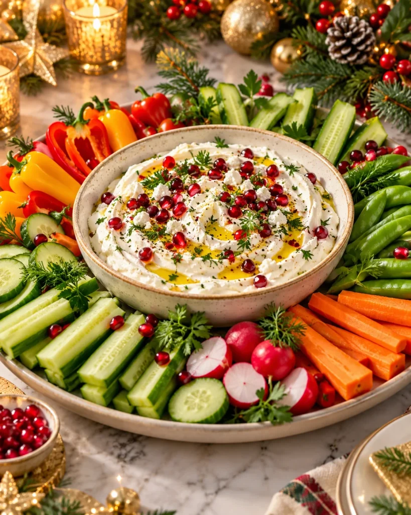 Whipped feta dip with Greek yogurt, carrots, cucumber, peppers, radishes, and snap peas.