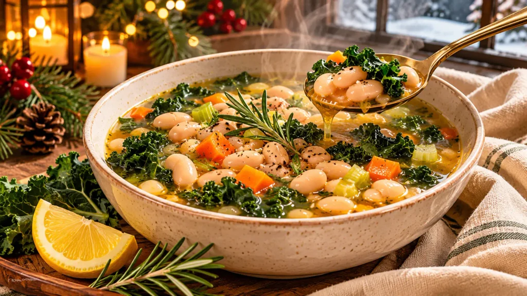 White bean and kale soup with lemon, rosemary, and cannellini beans.
