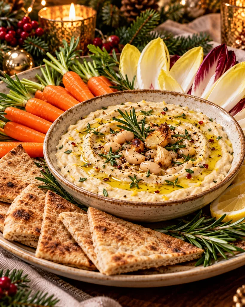 White bean dip with roasted garlic, olive oil, rosemary, carrots, and pita wedges.
