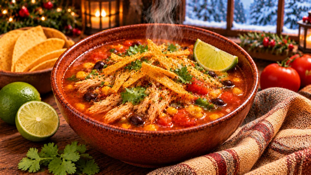 Chicken tortilla soup with shredded chicken, black beans, corn, cilantro, and baked tortilla strips.
