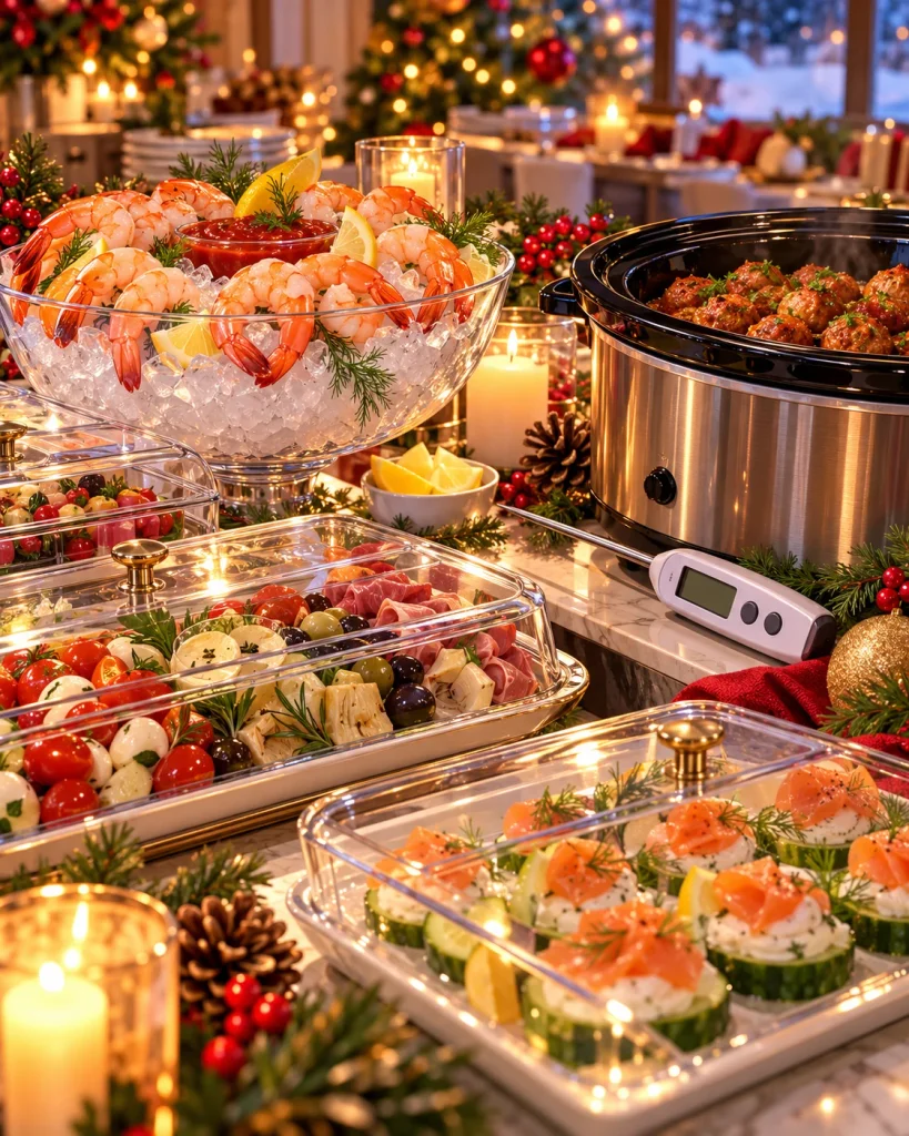 Holiday appetizer buffet with shrimp cocktail on ice, covered food trays, turkey meatballs, and a food thermometer.