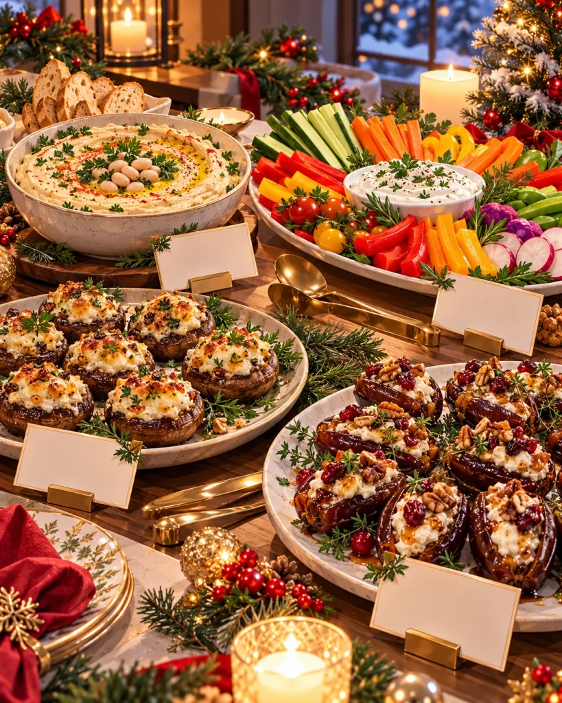 Holiday appetizer spread with separate vegan, gluten-free, dairy-containing, and nut-topped dishes.