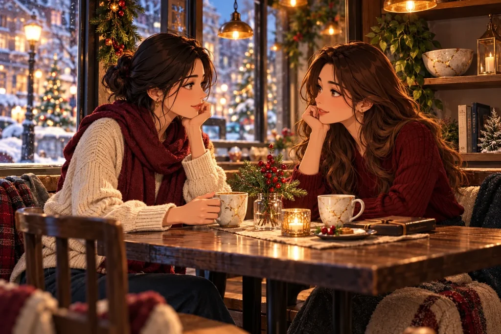 Two adult friends having a thoughtful conversation over tea in a cozy winter cafe.
