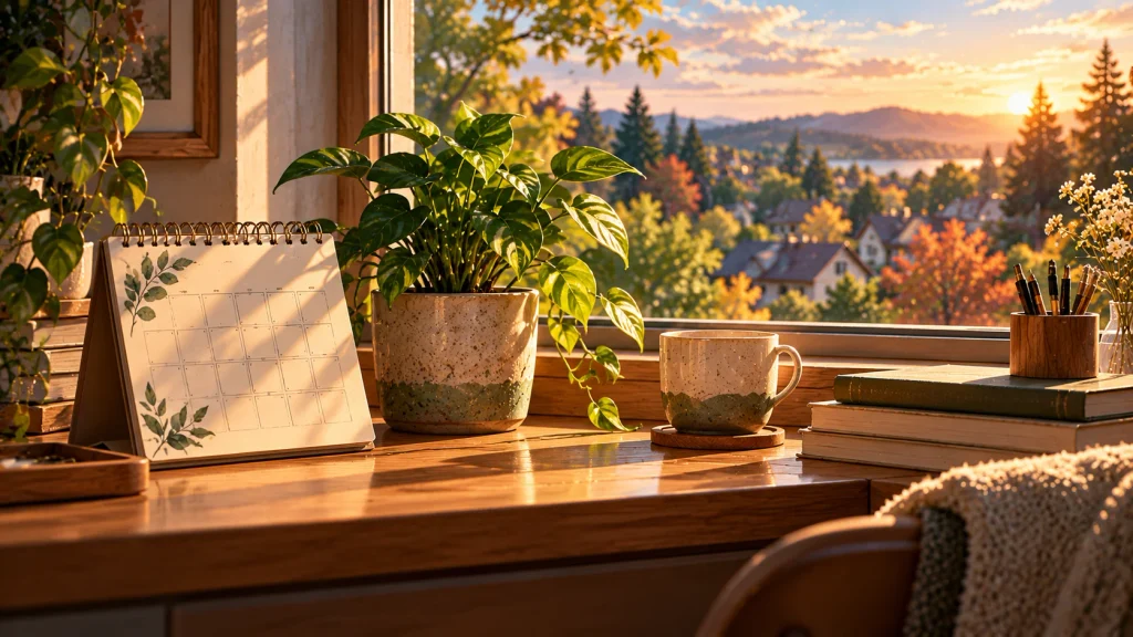 Premium anime-style illustration of a calendar beside a growing potted plant in changing natural light, representing the time and consistency needed to develop a daily habit.