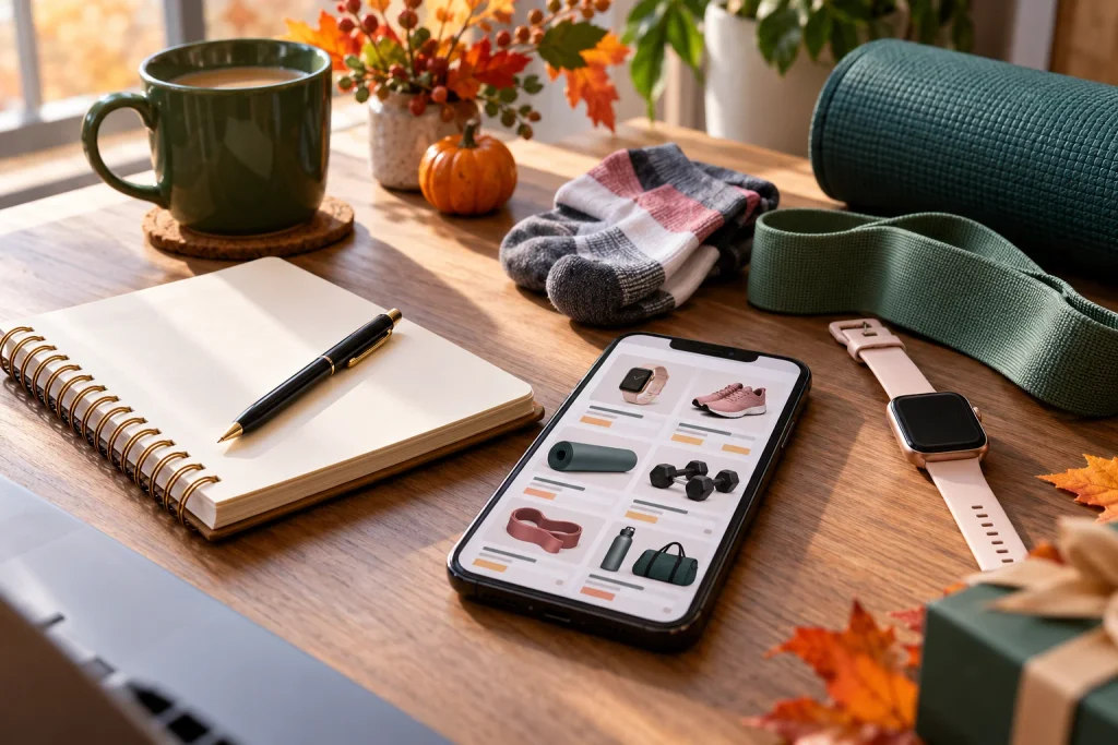 Fitness accessories and a notebook arranged on a desk for researching and comparing fitness gifts.
