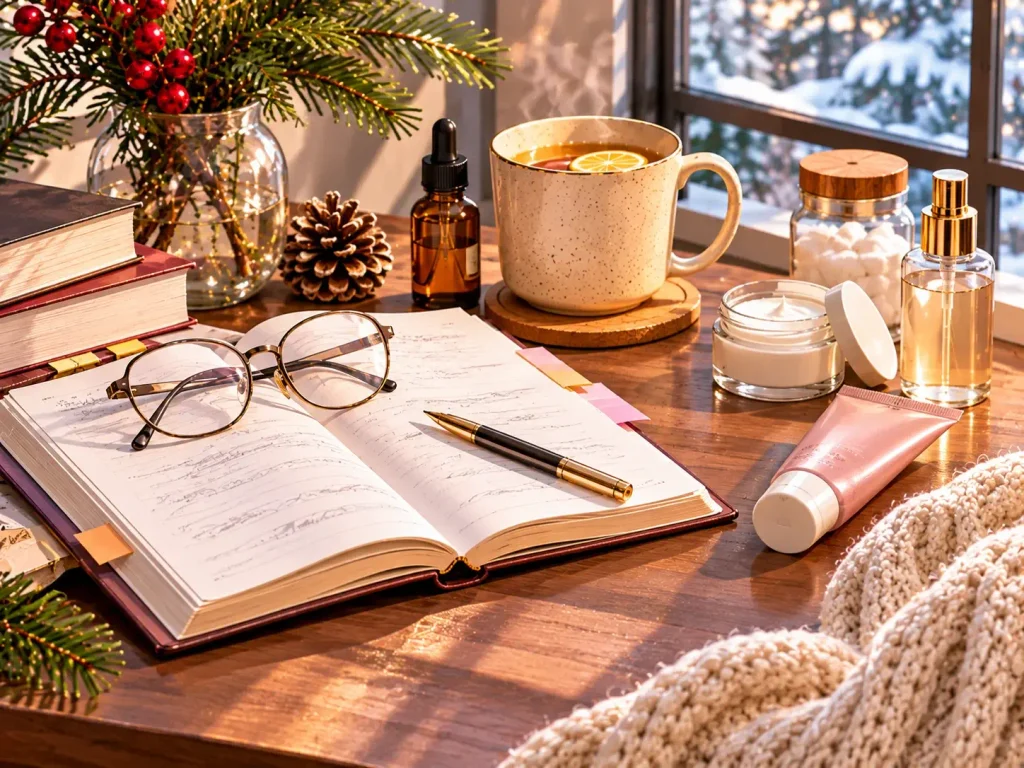 Open notebook, reading glasses, and product notes on a desk representing research for a self-care gift guide.