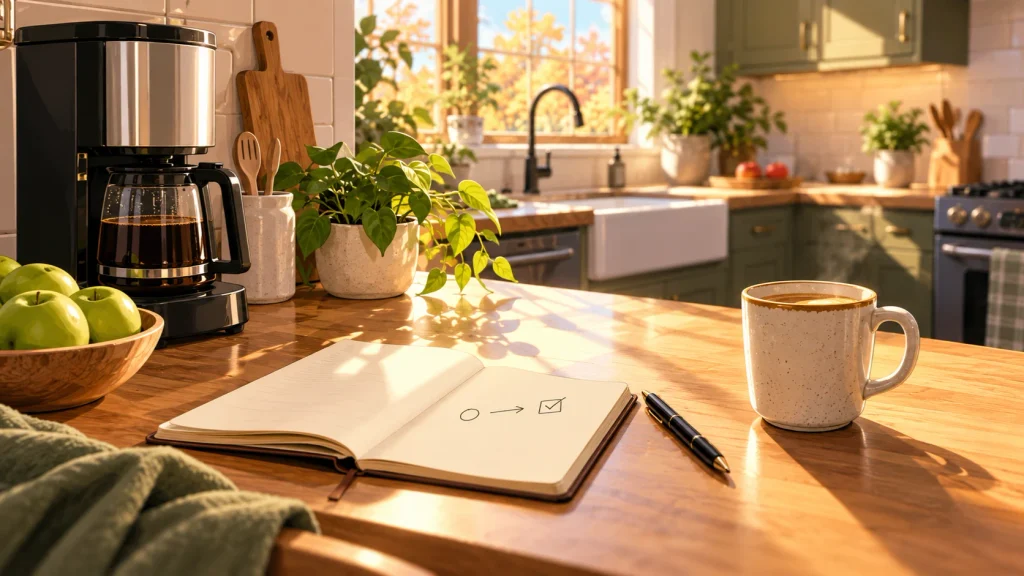 Anime-style illustration of a notebook and pen beside a coffee maker in a cozy American kitchen, representing how to choose a simple two-minute daily habit.