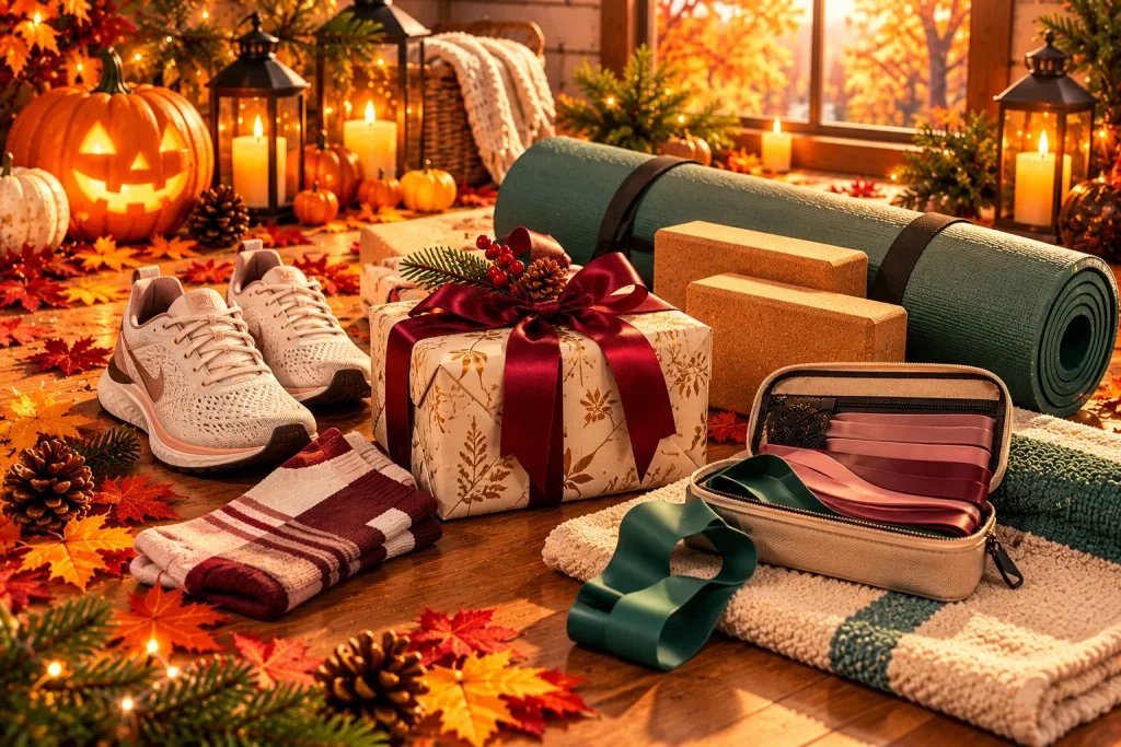 Thoughtful fitness gift selection featuring running shoes, a yoga mat, resistance bands, and a wrapped present.