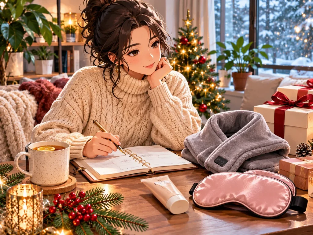 Woman in a cozy sweater reviewing a planner beside a tea mug and self-care gifts in a warm apartment.