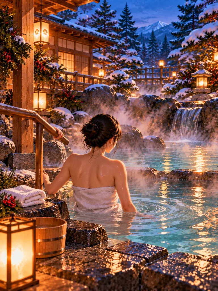 Adult visitor slowly entering a Japanese outdoor onsen with a folded towel kept above the water.