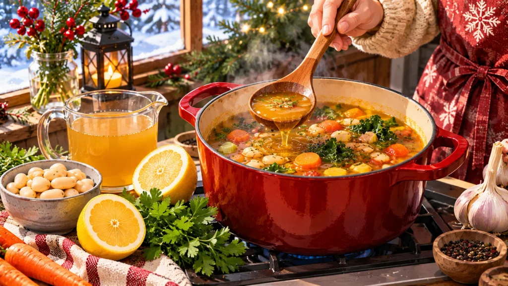 Homemade soup being seasoned with lemon juice and fresh herbs in a warm kitchen.