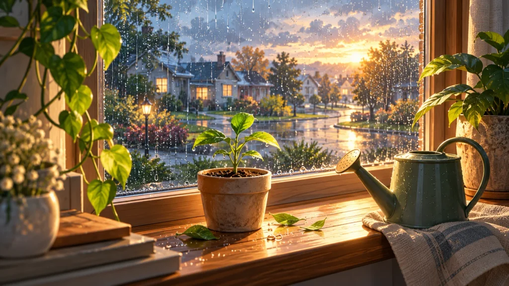 Premium anime-style illustration of a small plant beside a watering can on a windowsill, symbolizing gradual habit growth and consistency on difficult days.