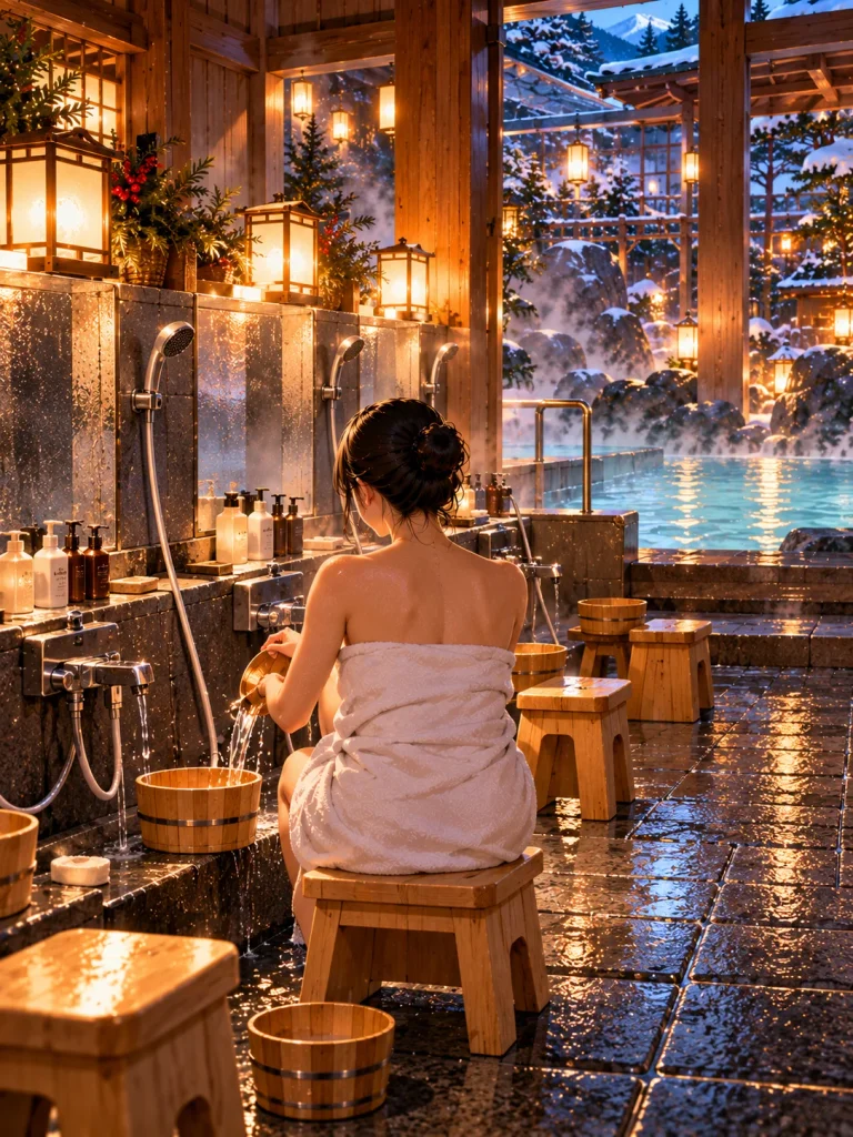 Traditional Japanese onsen washing station with a low stool, handheld shower, wooden bucket and clean tiled floor.