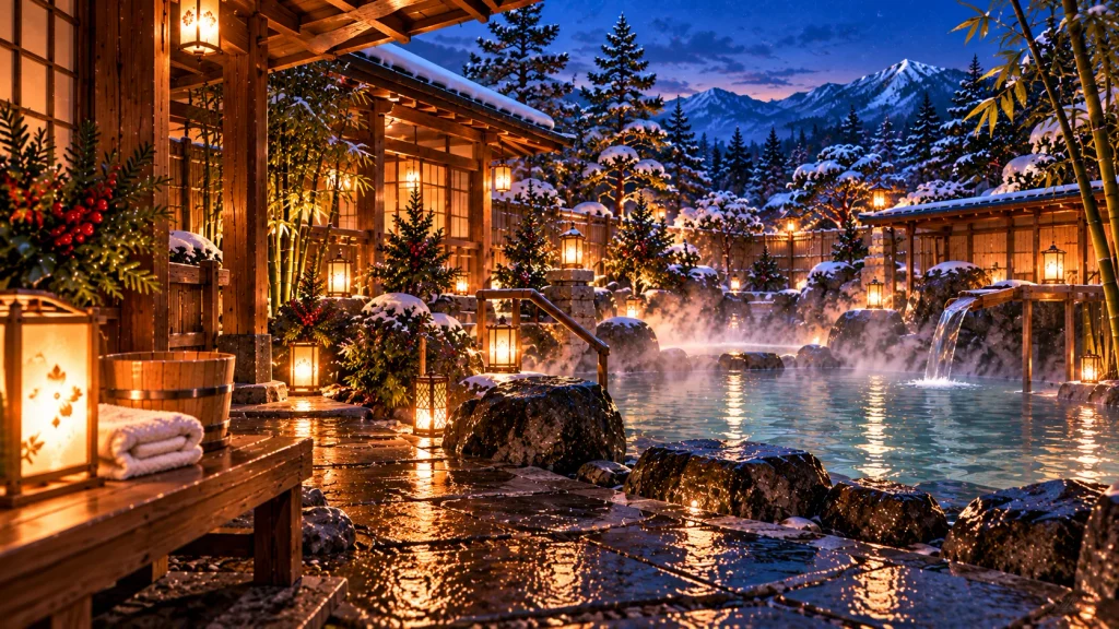 Serene traditional Japanese onsen surrounded by stonework, bamboo, wooden architecture and soft lantern light.