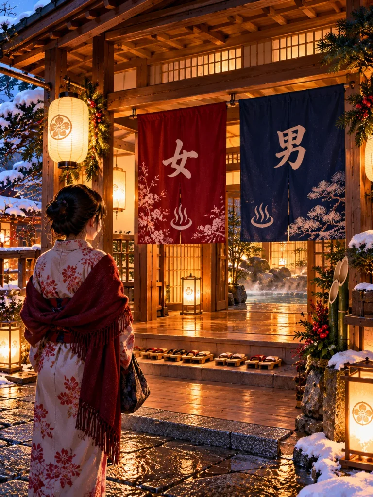 Traditional Japanese ryokan onsen entrance with noren curtains, wooden flooring, slippers and warm lantern lighting.