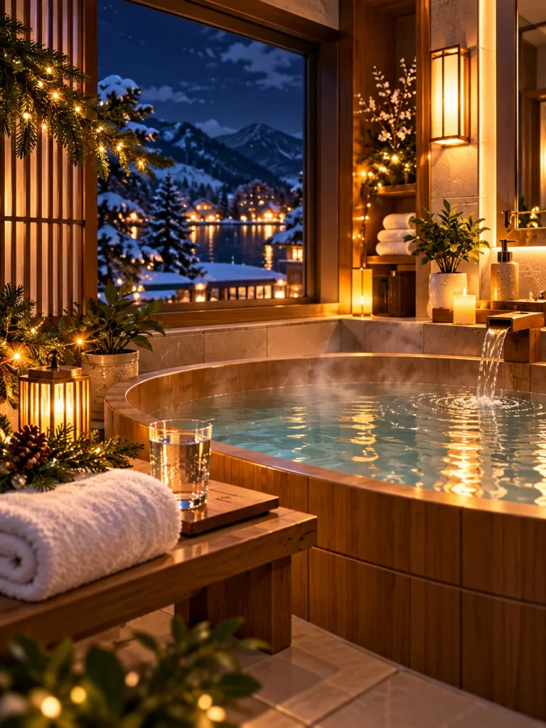 Cozy Japanese-inspired home bath with a wooden tub, folded white towel, glass of water and warm winter lighting.