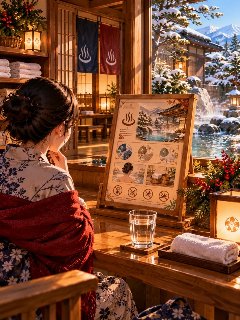 Glass of drinking water beside a Japanese onsen information notice in a peaceful ryokan interior.