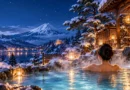 Anime-style Japanese outdoor onsen at a traditional ryokan on a snowy winter evening, with warm lanterns and rising hot spring steam.
