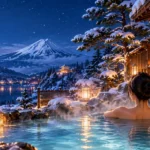 Anime-style Japanese outdoor onsen at a traditional ryokan on a snowy winter evening, with warm lanterns and rising hot spring steam.