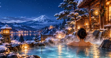 Anime-style Japanese outdoor onsen at a traditional ryokan on a snowy winter evening, with warm lanterns and rising hot spring steam.