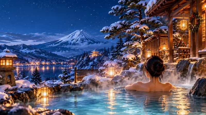 Anime-style Japanese outdoor onsen at a traditional ryokan on a snowy winter evening, with warm lanterns and rising hot spring steam.