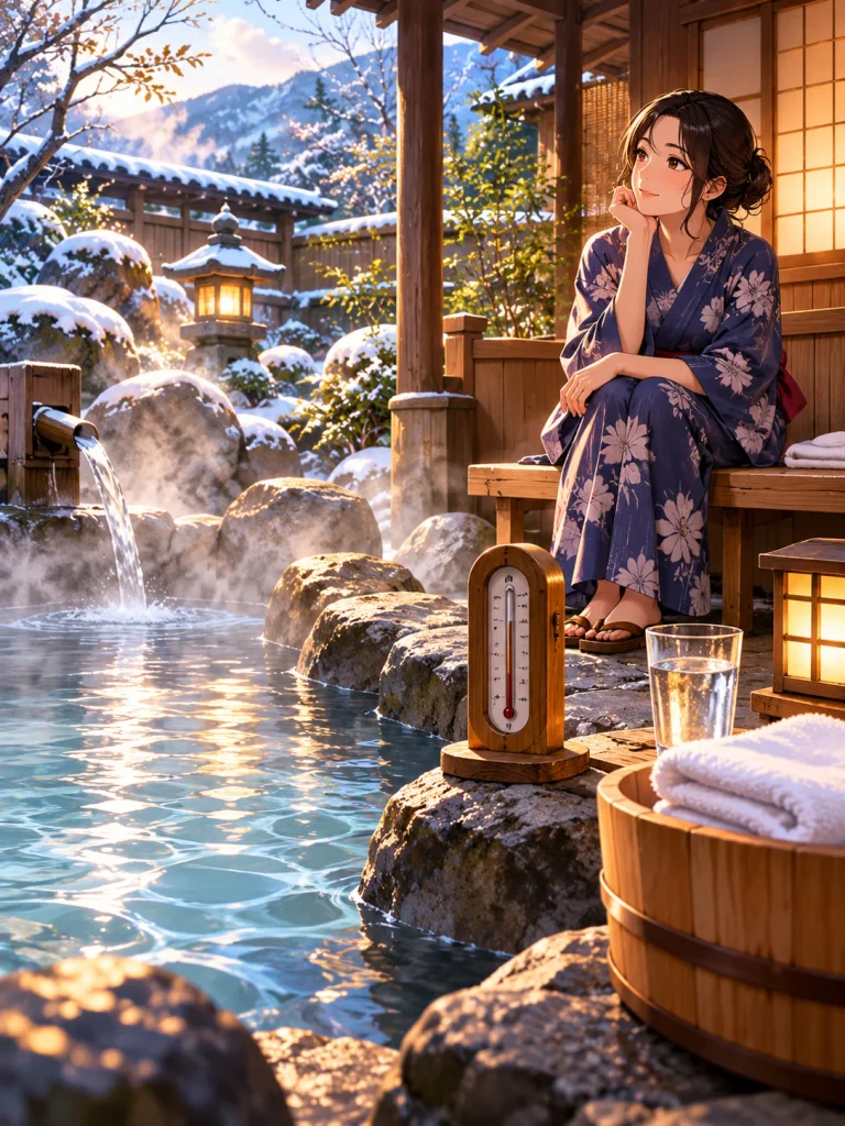 Japanese onsen safety scene with a bath thermometer, resting bench and glass of drinking water beside a steaming bath.