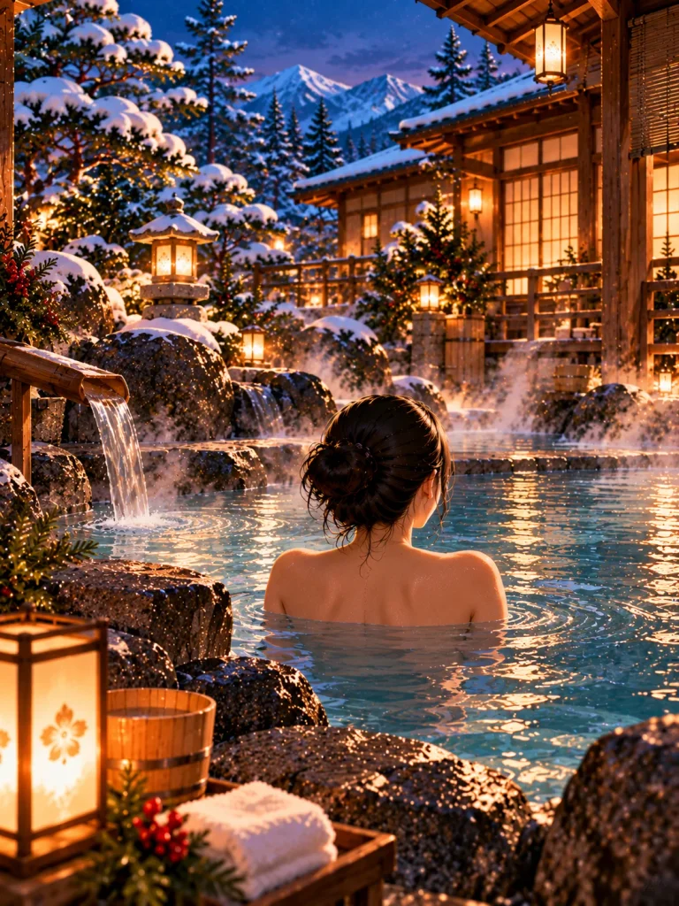 Peaceful Japanese outdoor hot spring with an adult visitor relaxing in steaming water beneath winter lanterns.