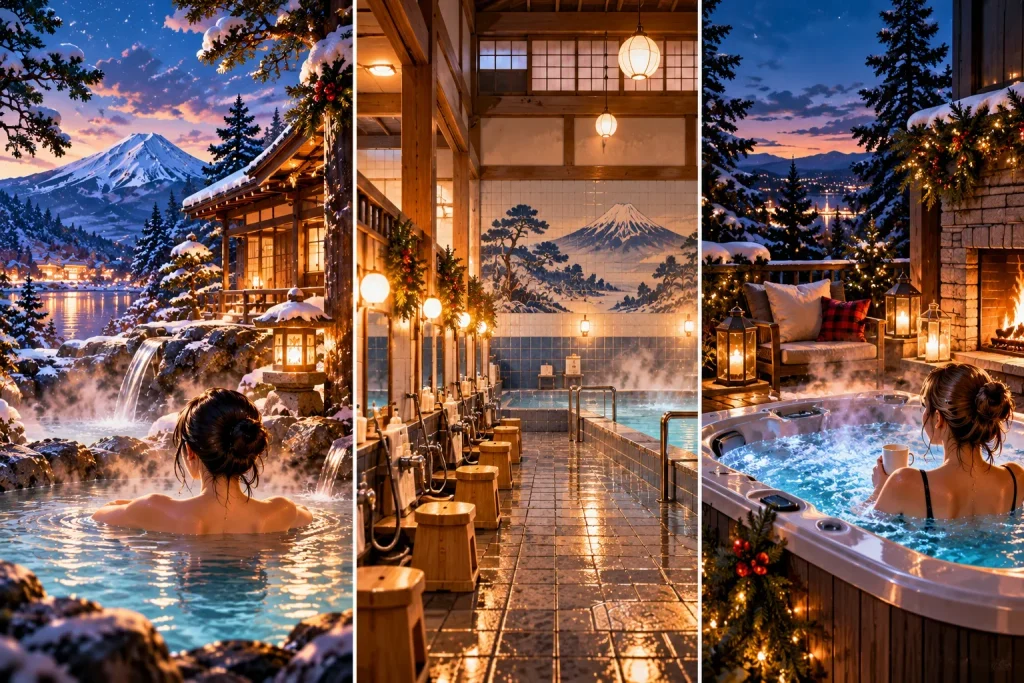 Anime-style editorial illustration comparing a Japanese natural onsen, a traditional sento bathhouse and a modern home hot tub.