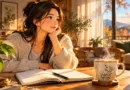 Anime-style illustration of a coffee mug and open journal on a sunlit wooden table, representing the Kaizen method for daily habits and a beginner-friendly seven-day plan.