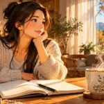 Anime-style illustration of a coffee mug and open journal on a sunlit wooden table, representing the Kaizen method for daily habits and a beginner-friendly seven-day plan.