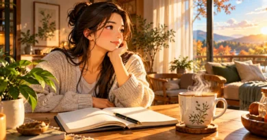 Anime-style illustration of a coffee mug and open journal on a sunlit wooden table, representing the Kaizen method for daily habits and a beginner-friendly seven-day plan.