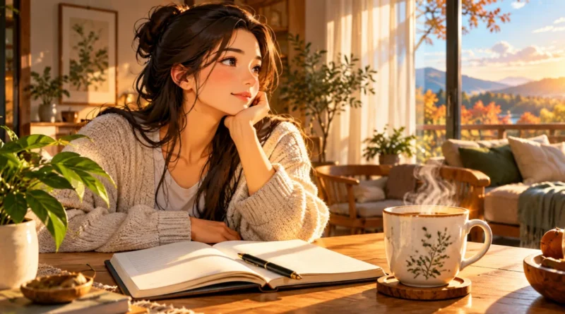 Anime-style illustration of a coffee mug and open journal on a sunlit wooden table, representing the Kaizen method for daily habits and a beginner-friendly seven-day plan.