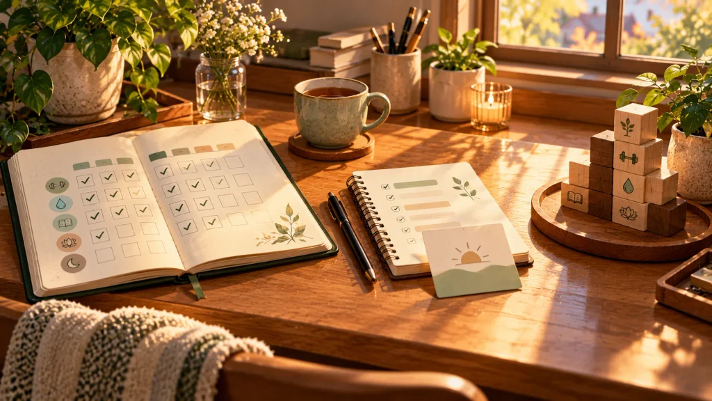 Anime-style editorial illustration of a journal, small notebooks, and wooden blocks arranged on a minimalist desk, representing different approaches to building daily habits.