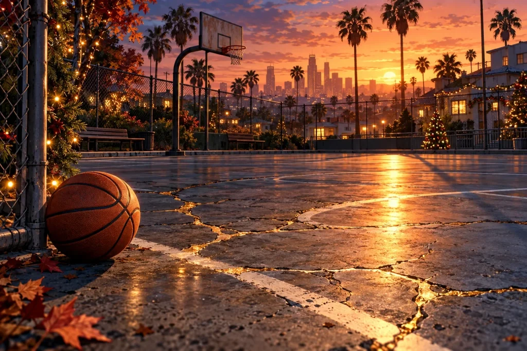 Anime-style urban basketball court with highlighted repair lines across weathered concrete.