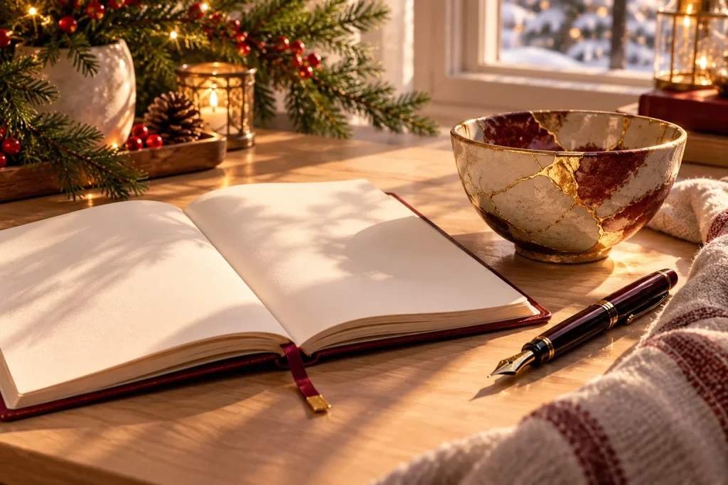 Open journal and fountain pen beside a gold-repaired ceramic bowl on a calm ivory desk.