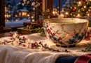 Anime-style kintsugi ceramic bowl with golden repaired cracks, ivory textures, and elegant Japanese-inspired holiday decor.