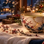 Anime-style kintsugi ceramic bowl with golden repaired cracks, ivory textures, and elegant Japanese-inspired holiday decor.