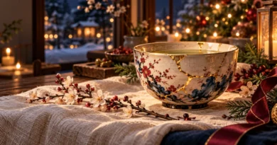 Anime-style kintsugi ceramic bowl with golden repaired cracks, ivory textures, and elegant Japanese-inspired holiday decor.