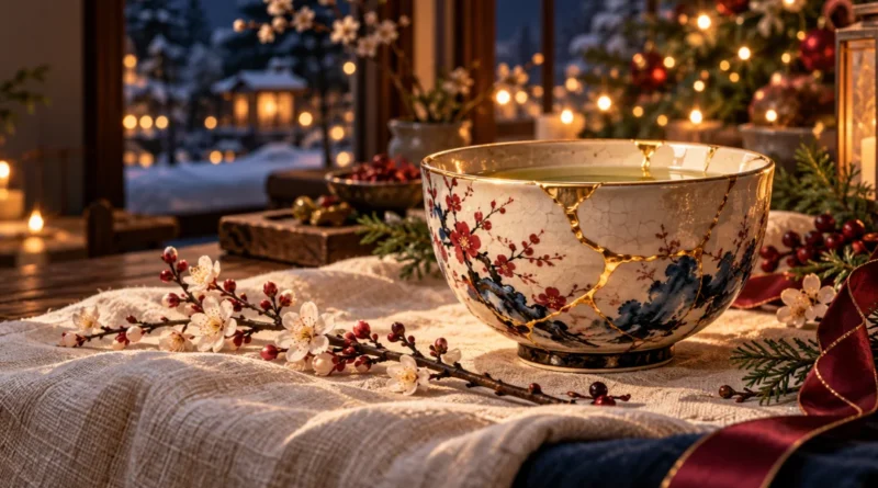 Anime-style kintsugi ceramic bowl with golden repaired cracks, ivory textures, and elegant Japanese-inspired holiday decor.