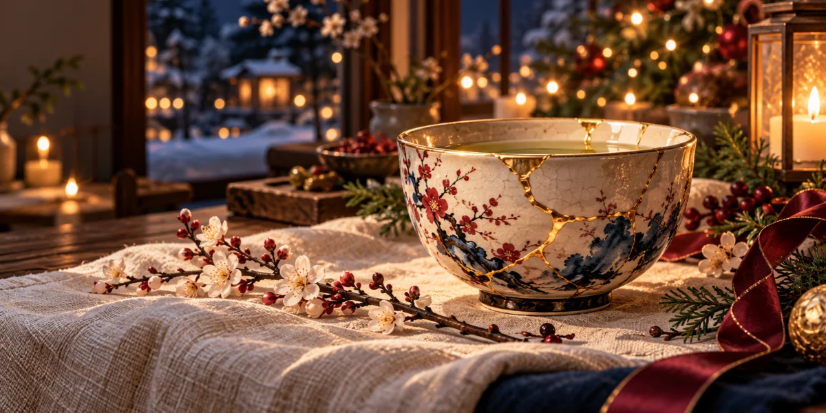 Anime-style kintsugi ceramic bowl with golden repaired cracks, ivory textures, and elegant Japanese-inspired holiday decor.
