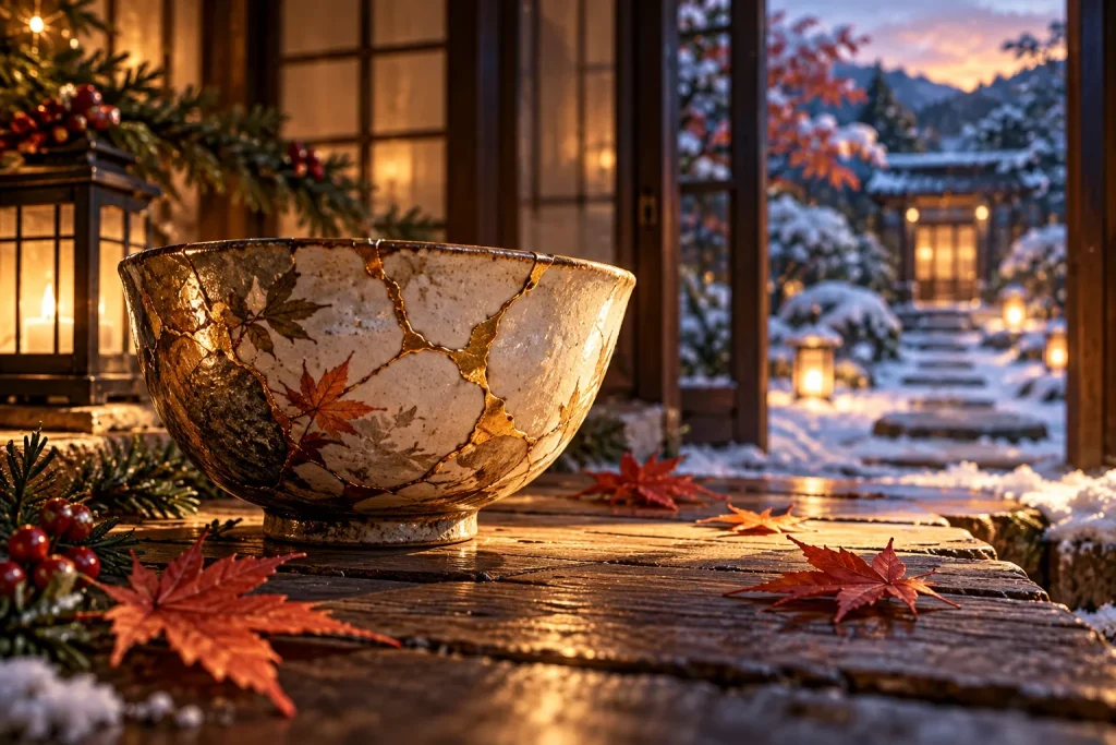 Gold-repaired Japanese bowl beside fallen leaves, symbolizing change and a new chapter.