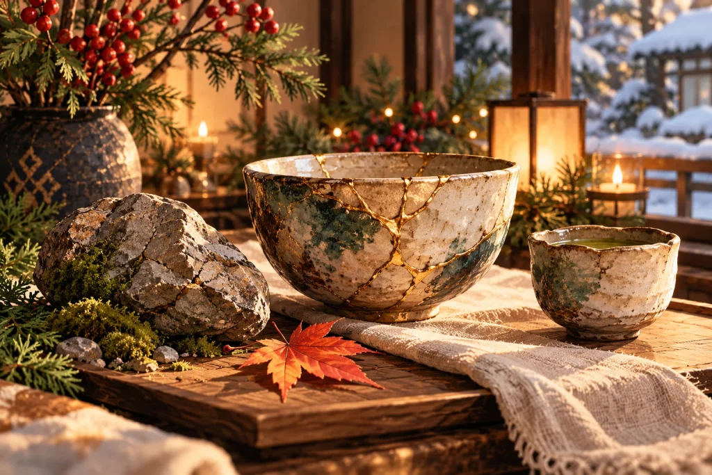 Japanese ceramic bowl with gold repairs, natural stone, and moss illustrating wabi-sabi and kintsugi.