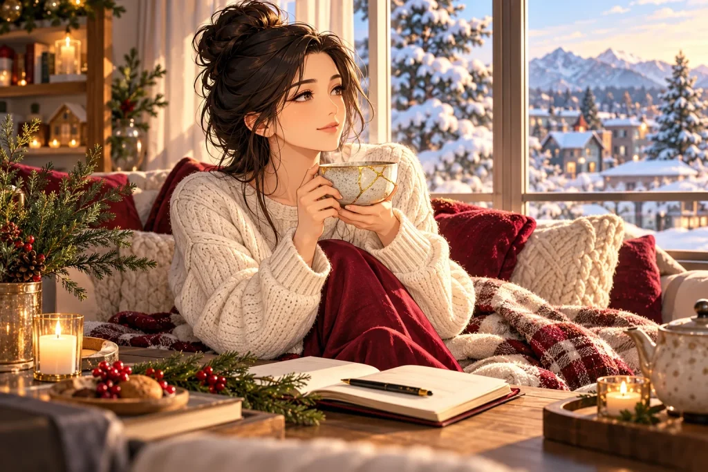 Anime-style woman reflecting quietly with a gold-repaired Japanese tea bowl beside a winter window.
