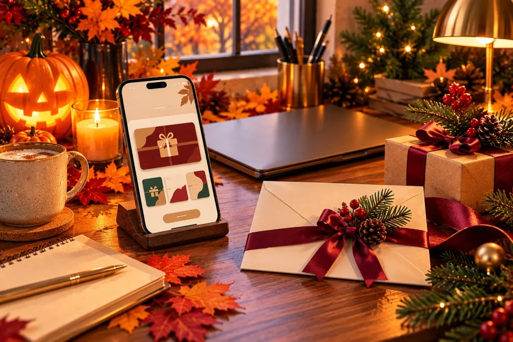 Last-minute fitness gift ideas featuring a smartphone with a generic gift card screen, a laptop, and a wrapped present.