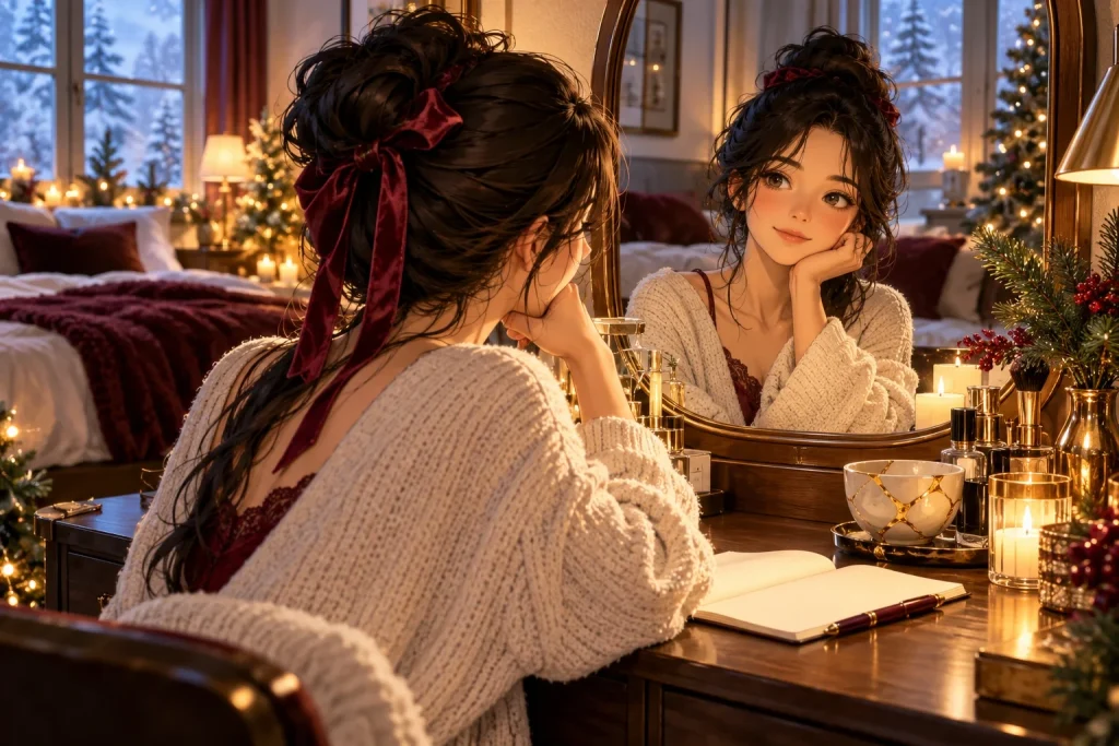 Thoughtful woman reflecting beside a mirror and journal in a peaceful minimalist bedroom.